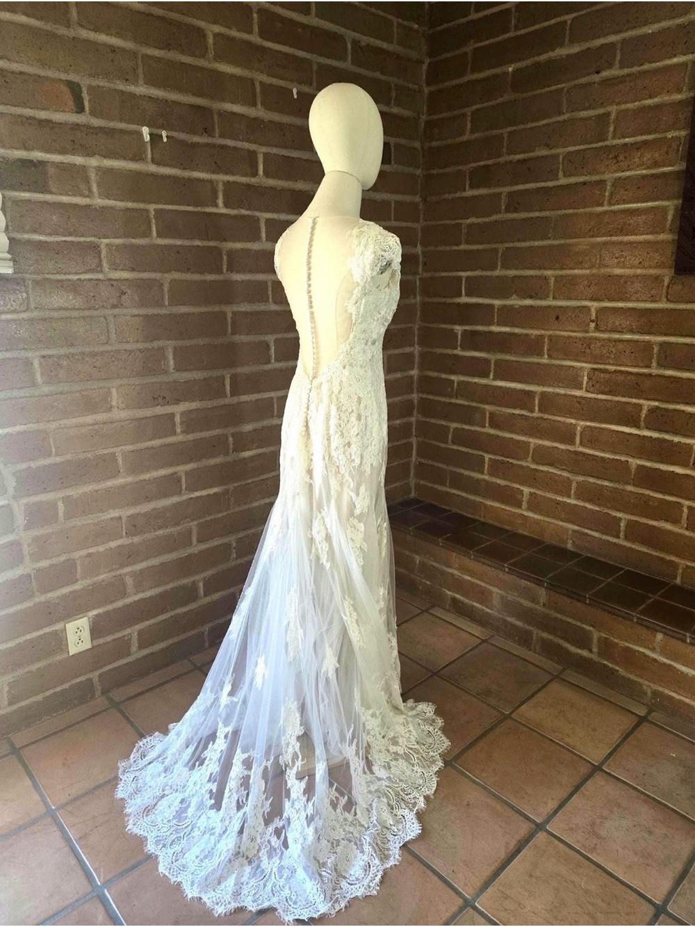 Elegant White Lace overlay Bridal Gown with Illusion Back